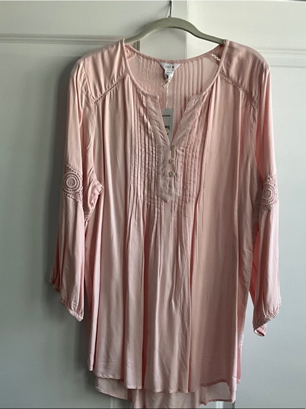 intro. Blush Pink Pintuck Tunic with Crochet Sleeve Insets